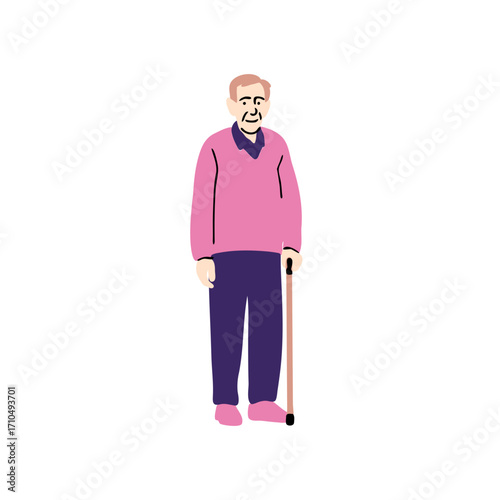 Elderly gentleman standing with a cane, wearing a pink sweater and navy pants, showcasing senior lifestyle and mobility assistance