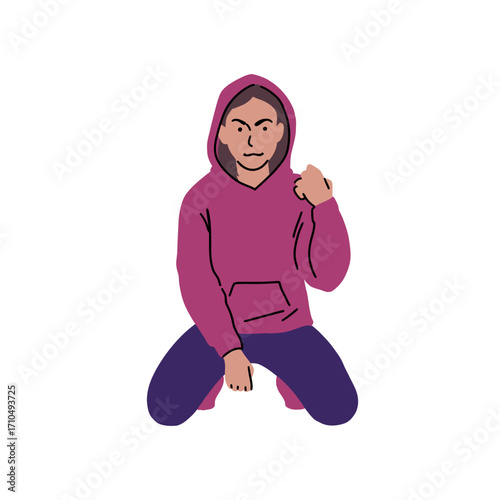 Determined woman wearing a hoodie kneels with fists clenched, symbolizing resilience and strength in a minimal vector style, conveying a powerful message
