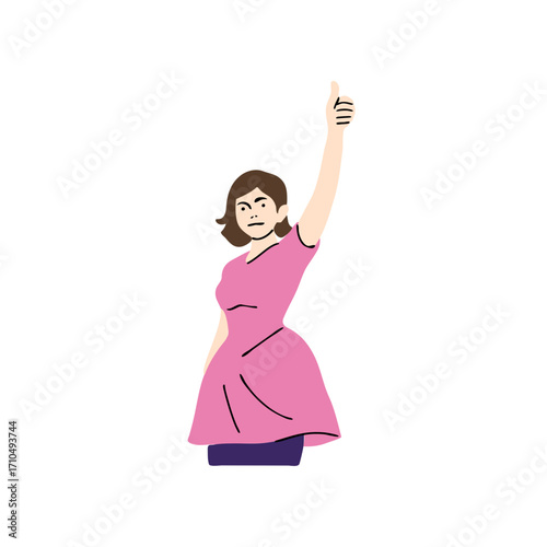 Woman in pink dress raises her arm with a thumbs up gesture expressing approval, agreement, or positivity in a flat illustration style