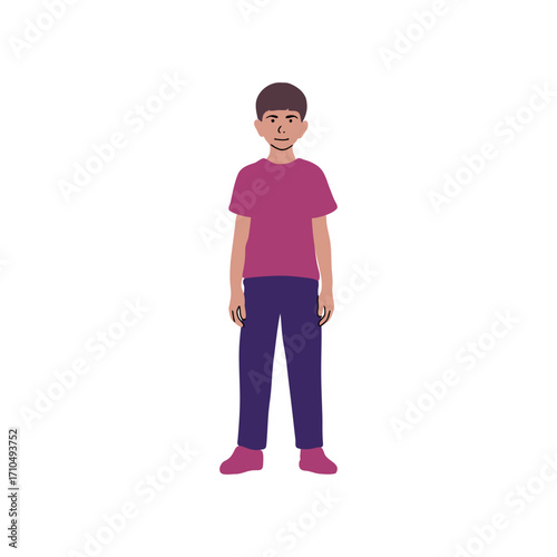 Young boy standing wearing a purple t-shirt and blue pants with matching shoes, a full body shot of a kid, casual wear for children, simple design