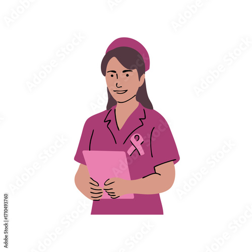 Female healthcare worker in scrubs with pink ribbon holding a clipboard, representing breast cancer awareness and support for medical community