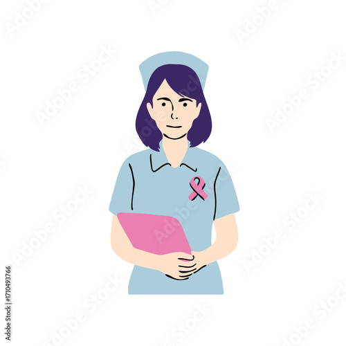 Nurse with Breast Cancer Awareness Ribbon Holding Pink Clipboard, a symbol of support and healthcare, originally a scalable vector graphic.