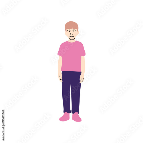 Full length portrait of a person wearing a pink shirt and dark pants with pink shoes standing facing forward in a simple style