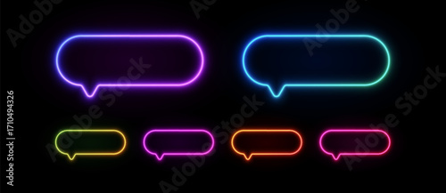 Neon light speech bubble. Talk sign for text message. Glowing led chat icon. Vector laser dialog set.