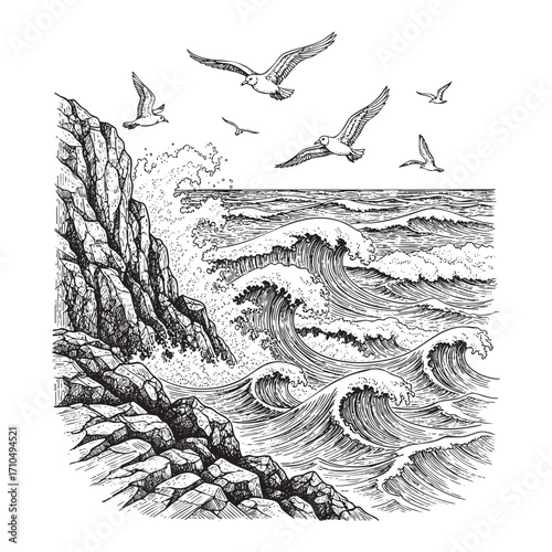  Seascape with Crashing Waves and Seagulls Hand-Drawn