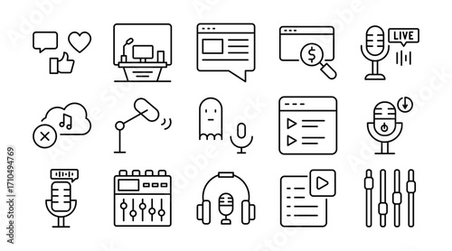 Streaming and podcast linear icon set. Audio, broadcasting, microphone, radio, episodes, communication, show, recording, media, sound, vector outline UI icons pack.