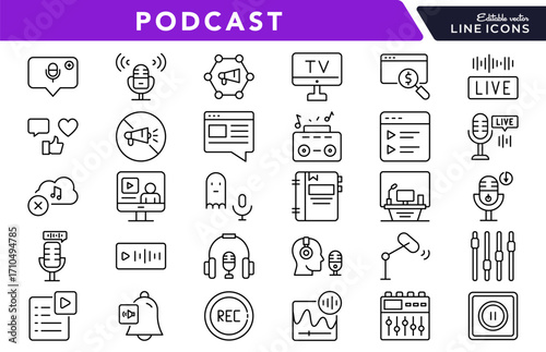Podcast and audio linear icon set. Broadcasting, microphone, streaming, radio, communication, media, recording, episodes, show, sound, vector outline icon set. UI thin line icon pack