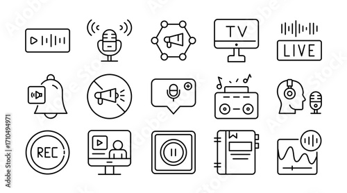 Broadcasting and podcast linear icon set. Microphone, audio, streaming, radio, media, recording, episodes, show, communication, sound, vector outline icon set. UI thin line icon pack