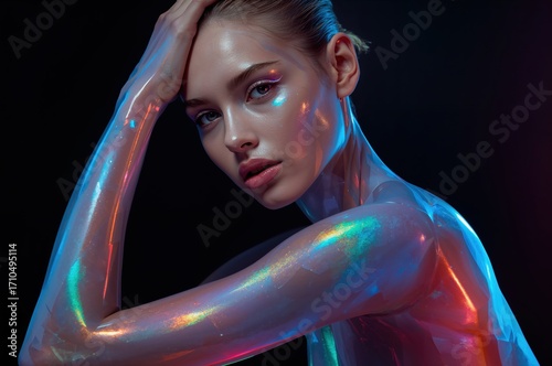 Avant-garde glass skin model glows with surreal refracted light brilliance