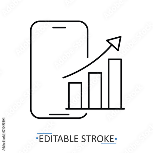 A mobile analytics icon in minimalist style with editable stroke. Finance growth symbol, smartphone element, digital data object, technology concept, business pictogram, profit design