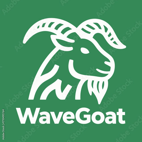 A modern and bold logo design of a goat head with wavy lines symbolizing mountains or waves, perfect for a brand related to the outdoors, climbing, or the ocean.