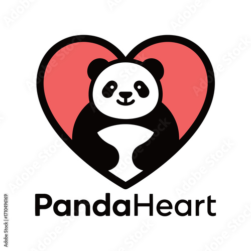 A charming logo design of a cute panda inside a large heart, symbolizing love, care, kindness, and a warm-hearted brand.