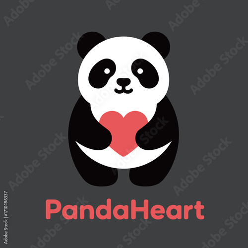 A charming logo design of a cute panda inside a large heart, symbolizing love, care, kindness, and a warm-hearted brand.