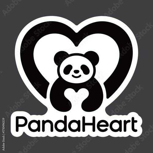 A charming logo design of a cute panda inside a large heart, symbolizing love, care, kindness, and a warm-hearted brand.