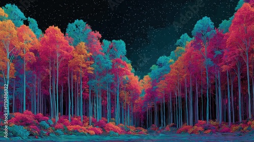 Vibrant Forest Under Starry Sky with Colorful Autumn Foliage
