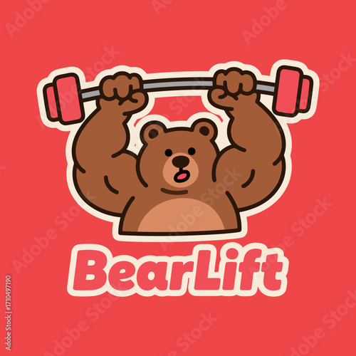BearLift logo featuring a strong and cute cartoon bear mascot lifting a barbell, a funny and muscular character for a fitness or gym brand.