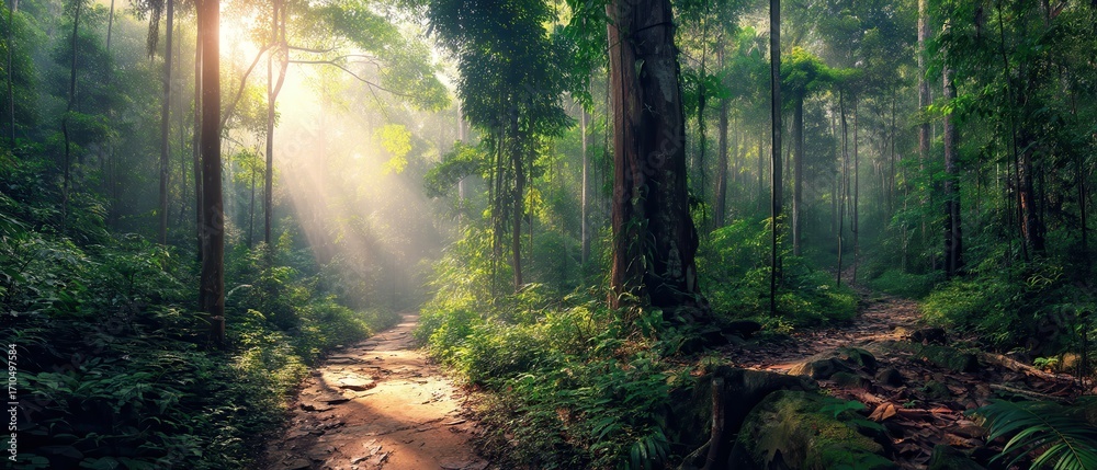 Fototapeta premium Serene Forest Pathway with Sunlight Streaming Through Lush Green Trees