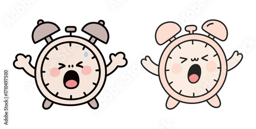 Two emotional cartoon alarm clock characters with open mouths, expressing surprise, stress, or yawning, a vector illustration of a wake-up concept.