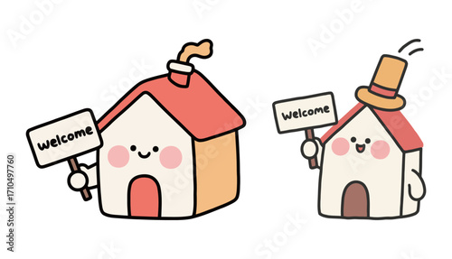 Two cute cartoon house characters holding a welcome sign, a simple and friendly vector illustration for real estate or home-related concepts.