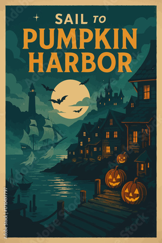 Vintage Halloween poster illustration of Pumpkin Harbor with glowing jack-o’-lanterns, ghostly ships, bats, lighthouse, and haunted houses under a full moon night sky