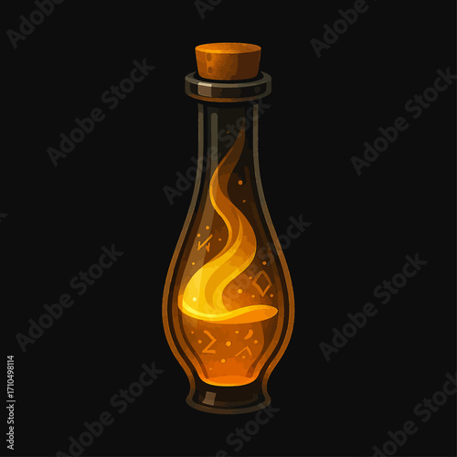 Magical glowing orange potion in a tall glass bottle with cork stopper, fiery elixir swirling with runes, fantasy illustration perfect for gaming, witchcraft, or mystical design