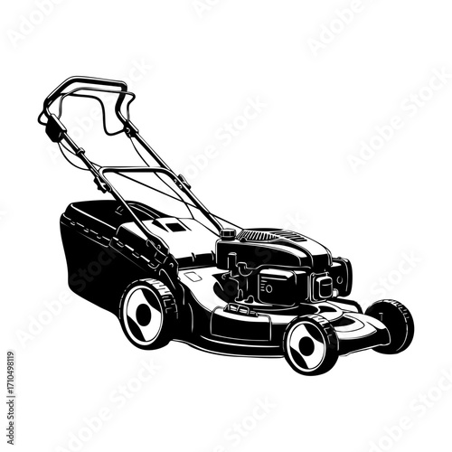 Black and white line art illustration of a lawn mower.