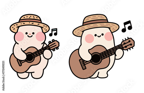 Two cute cartoon characters wearing sun hats and playing a guitar, a simple and musical vector illustration for hobby, leisure, or travel.