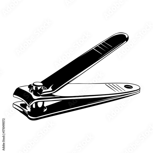 Black and white line art illustration of a nail clipper.