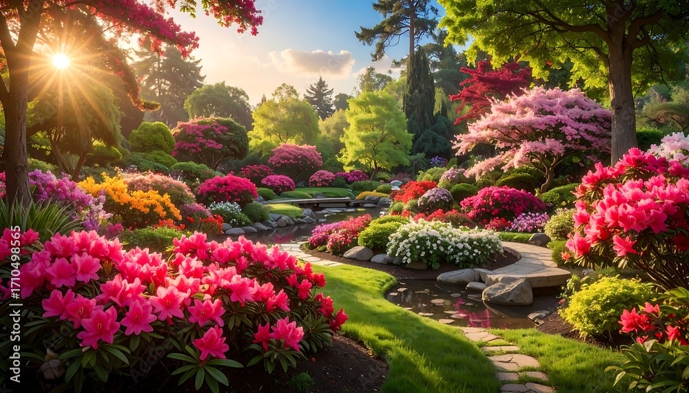 Naklejka premium A vibrant garden bursts with colorful flowers and trees, bathed in the warm glow of the morning sun.