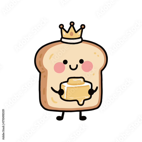 Cute cartoon bread toast character wearing a crown and holding a block of melting butter, a fun and delicious vector illustration for breakfast or food.
