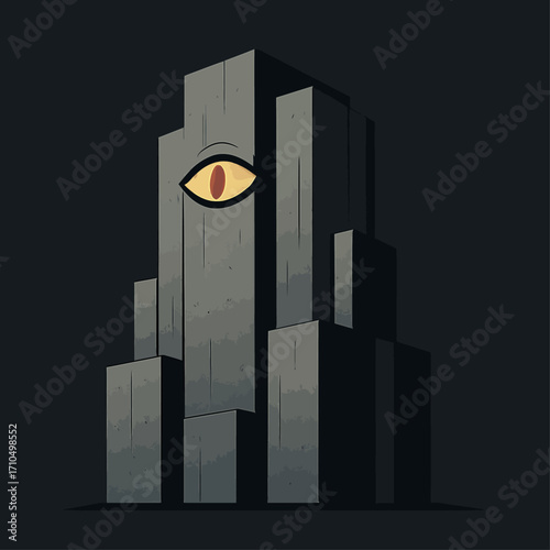 Dark surreal illustration of a concrete tower with a glowing orange eye, eerie architectural fantasy artwork perfect for horror, sci-fi, or mystical design themes