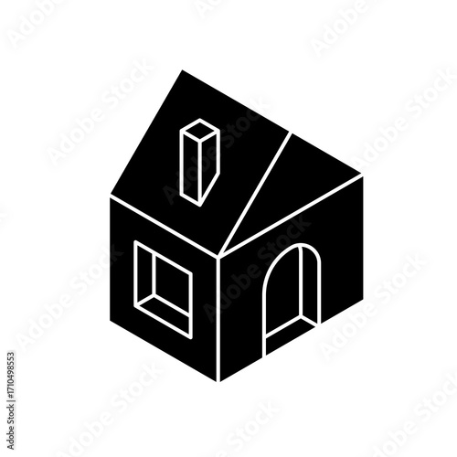 Minimalist isometric black house icon with arched doorway and chimney against white background symbolizing home and shelter