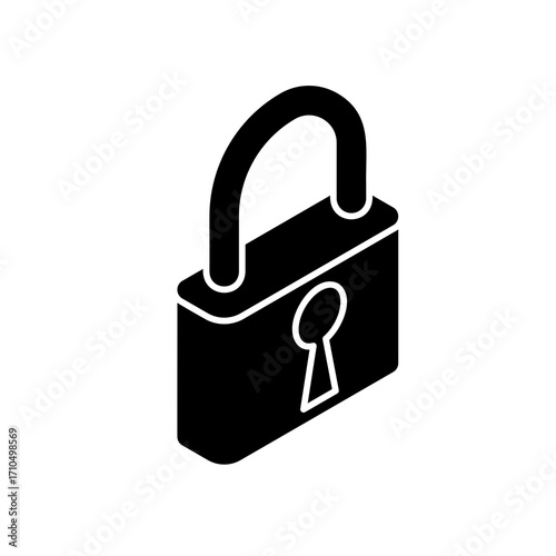 A black silhouette of a padlock with an open shackle and a keyhole on its body, presented in a clean isometric perspective