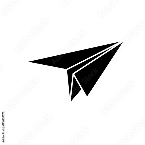 Simple black silhouette of a folded paper airplane with sharp angles and clean lines, symbolizing travel, creativity, and communication