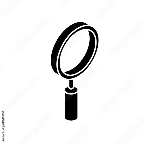Simple isometric black magnifying glass icon with a handle on a clean white background symbolizing search and discovery