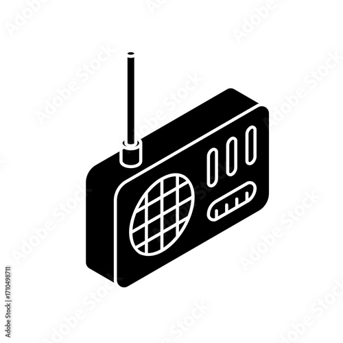 Retro portable radio with antenna broadcasting music or news in a simple black silhouette style, classic entertainment device