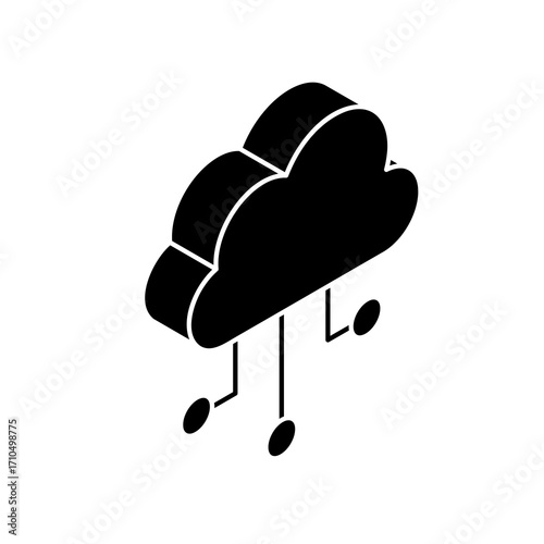 Abstract isometric cloud symbol with data connections and network nodes representing digital information transfer and technology concepts