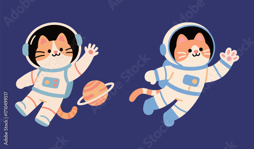Two cute cartoon cat characters floating in space wearing astronaut suits, a simple and cosmic vector illustration for science or space exploration.