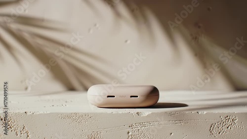 Earbud charging case on textured surface with sunlit backdrop