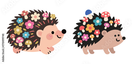 Two cute cartoon hedgehog characters with flowers and mushrooms on their back, a simple and whimsical vector illustration for nature or fantasy.
