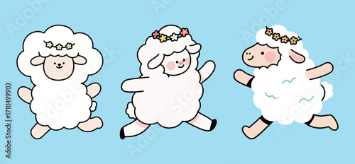 Three cute cartoon sheep characters with flower crowns, jumping and running, a simple vector illustration for spring, nature, or animals.