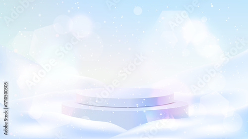 Vector illustration. 3D snowy background. Winter season scene with cylindrical podium stage for product promotion. Empty design template for horizontal banner, advert. Blurred white sky wallpaper