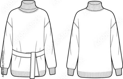 Fashion sweater technical drawing, front and back view, ribbed turtleneck, long sleeves, waist belt, garment sketch, apparel design, clothing blueprint, knitwear illustration, manufacturing reference