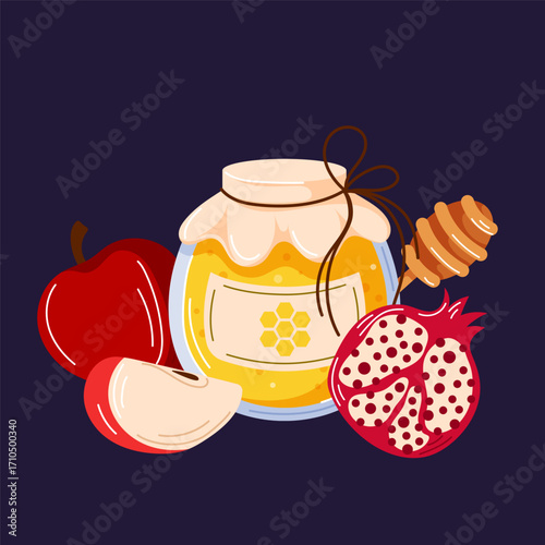 Traditional Jewish holiday Rosh Hashanah symbol honey jar, red apple slice, pomegranate, honey dipper in cartoon.