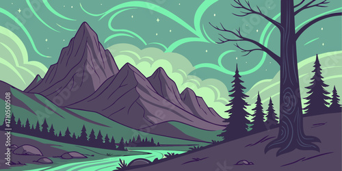 Serene Nighttime Mountain Landscape Vector Illustration