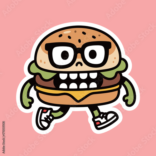 Funny and goofy cartoon hamburger character with glasses and a big smile, a simple and delicious vector illustration for fast food or restaurants.
