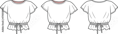 Women's crop top, fashion flat sketch, front back view, drawstring blouse vector, short sleeve top, elastic waist shirt, fashion template design, apparel mockup, clothing sketch