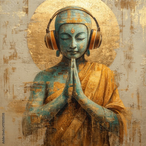 Modern oil painting, Buddha with headphones, AI generated