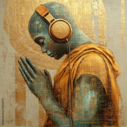 Modern oil painting, Buddha with headphones, AI generated