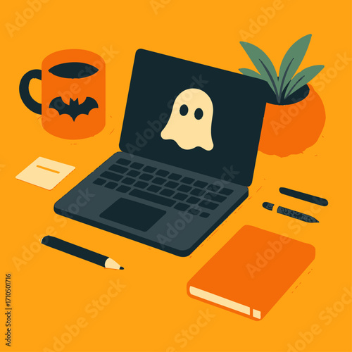 Halloween-themed workspace illustration with laptop showing ghost icon, coffee cup with bat design, pumpkins, and festive desk decor in modern flat style